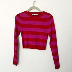[Zara] Pink Red Striped Crew Neck Long Sleeve Knit Crop Sweater NWT Sz Medium M